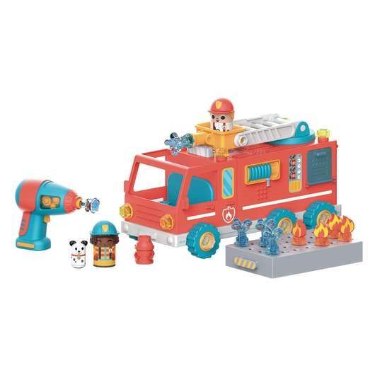 A toy fire truck with a drill attached to it.