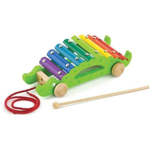 A xylophone in the shape of a lizard is pulled by a string