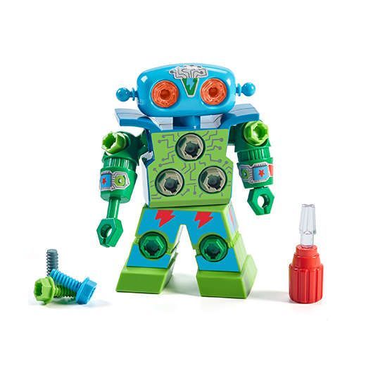 A green and blue toy robot with screws and a screwdriver.