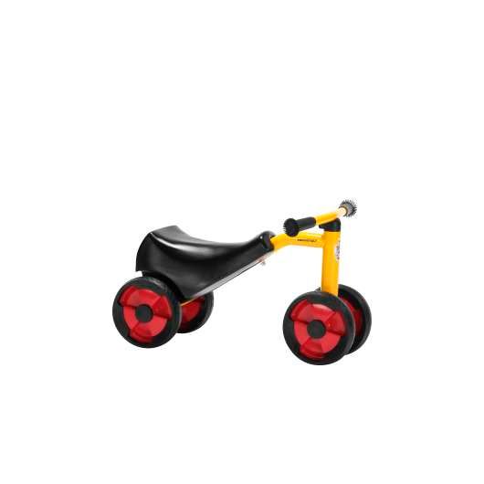 A yellow and black tricycle with red wheels on a white background.