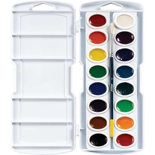 A box of watercolors with a brush in it