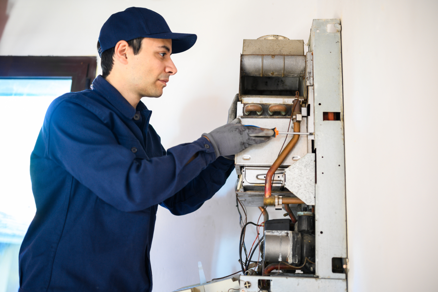 Man in blue overalls and cap repairs a furnace, indoors.