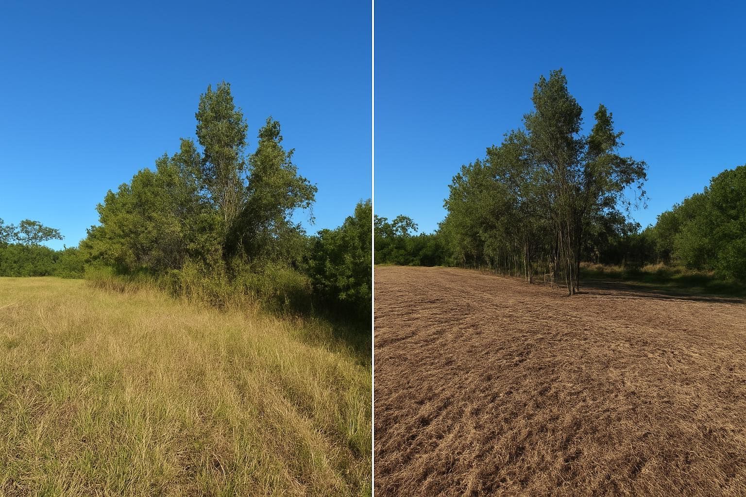 Two side-by-side images: Field of tall yellow grass next to a field of brown mulch. Trees in the background. Bright blue sky.