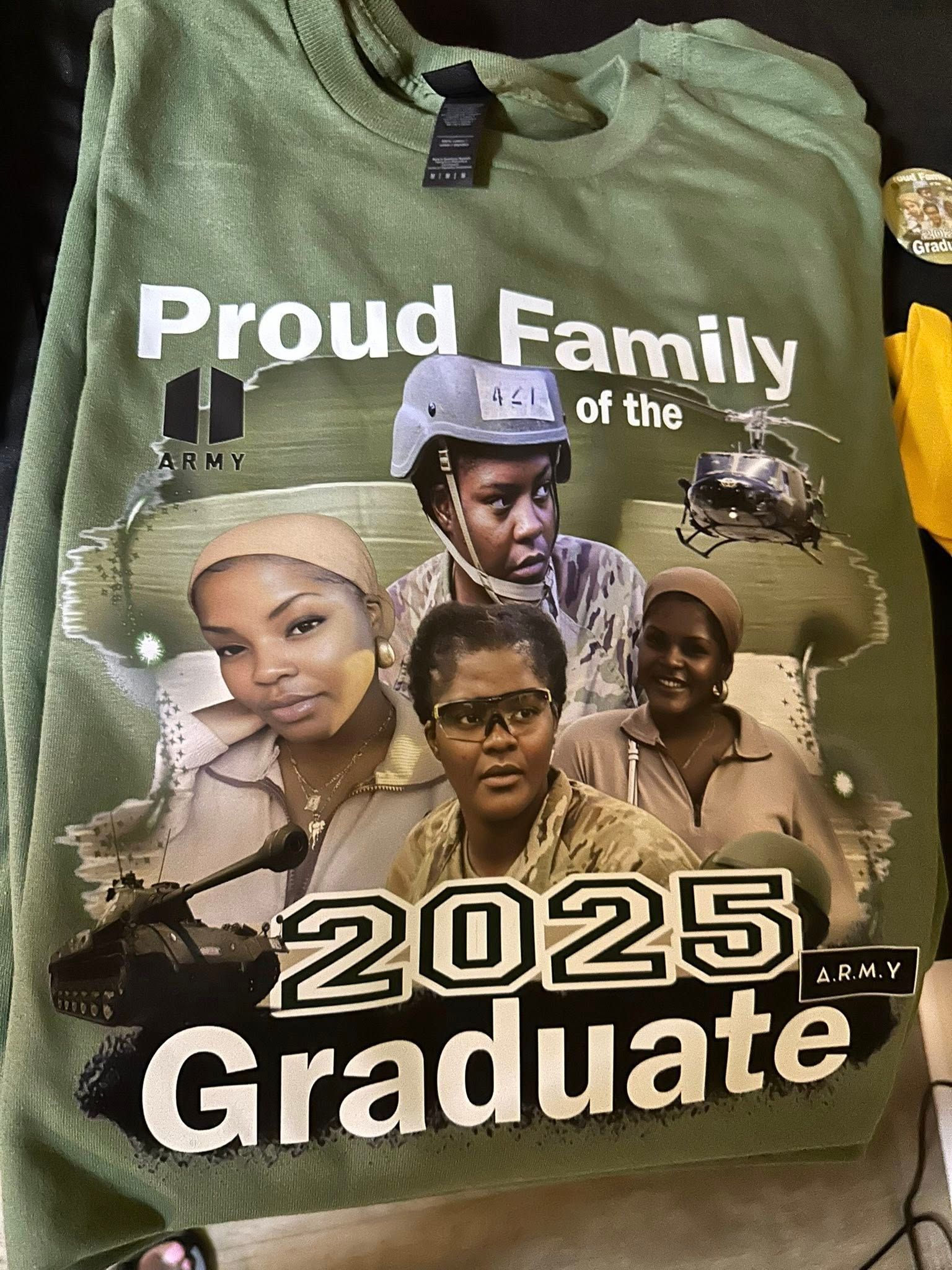 A green t-shirt that says `` proud family of the 2025 graduate ''