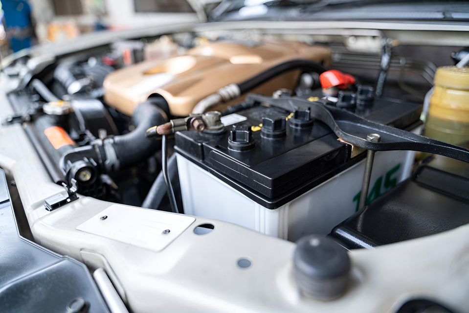 A Car Battery is Sitting Under the Hood of a Car — Cessnock Batteries In Bellbird, NSW