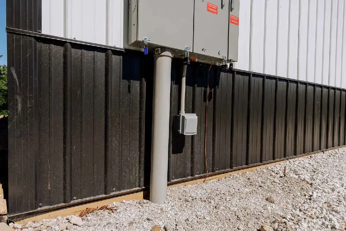 A grey electrical box and conduit mounted on the exterior wall of a building with white and black metal siding.