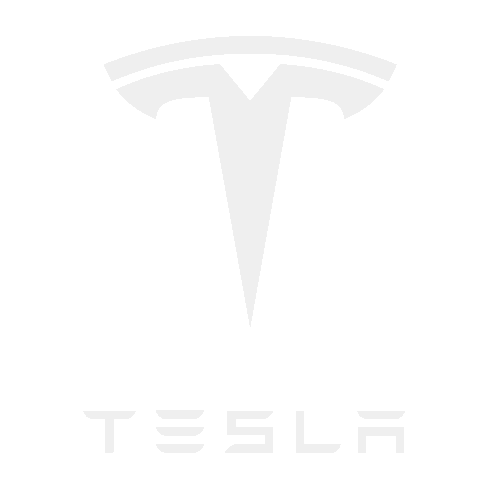 White Tesla logo with the brand name in text below on a black background.
