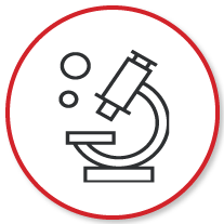 Icon of a microscope enclosed in a red circular outline, symbolizing scientific research or laboratory work