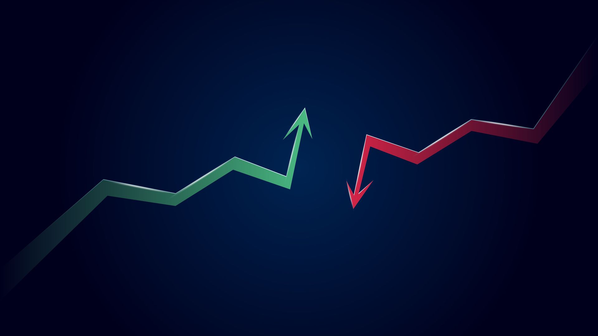 Green upward arrow and red downward arrow intersecting on dark blue background, representing opposin
