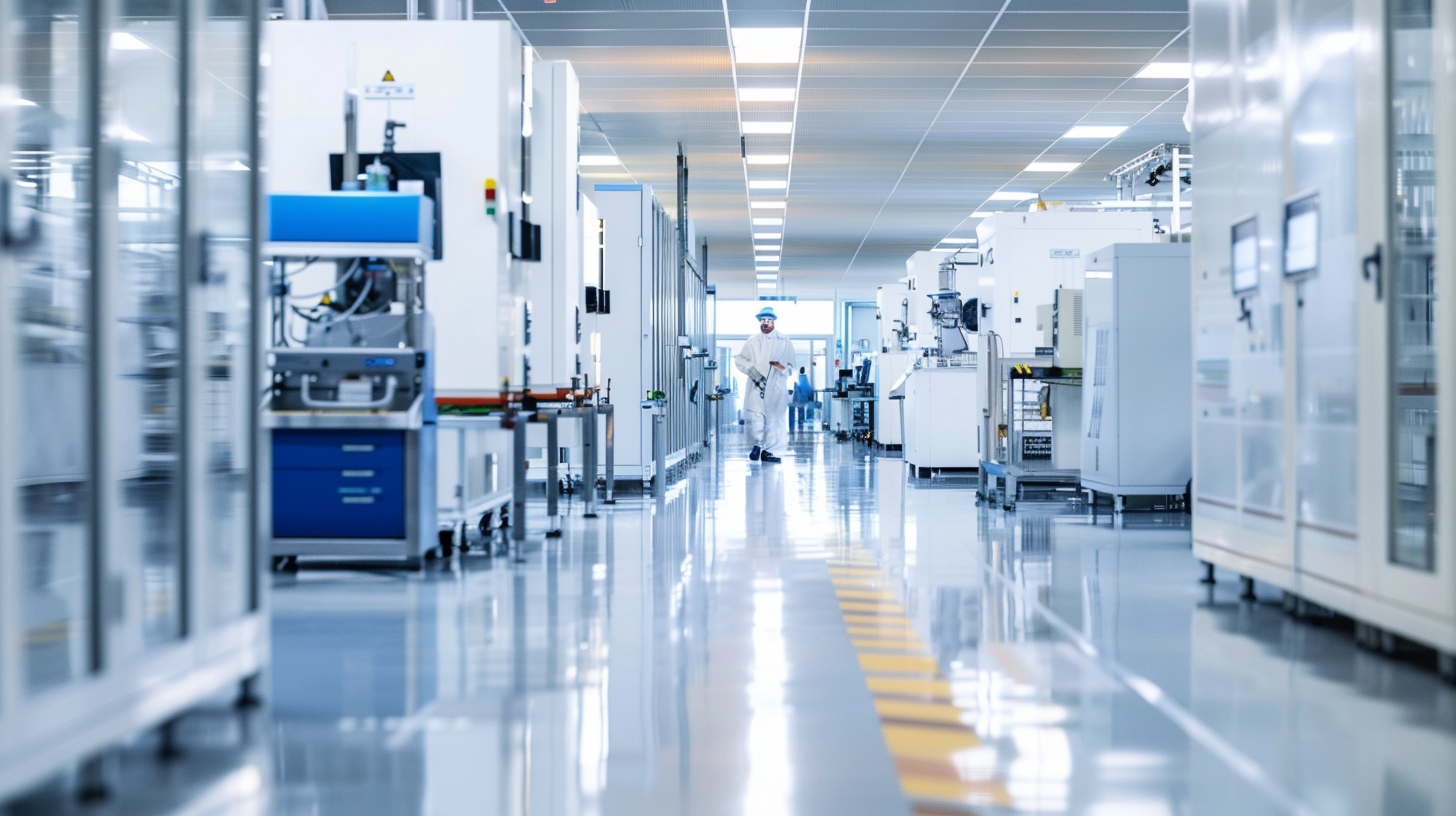 Semicon production facility, manufacturing machines and a technician in protective gear walking down