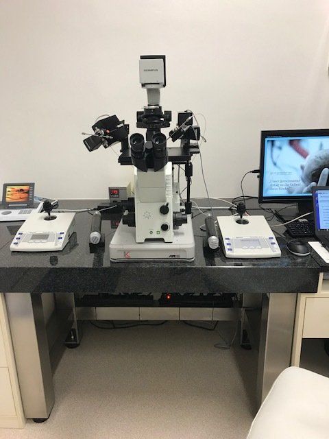 Laboratory microscope on an ARIS vibration isolation platform, flanked by two control panels and monitors on a  workstation