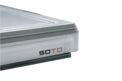 Close-up view of the SOTO vibration isolation platform corner, featuring a sleek design