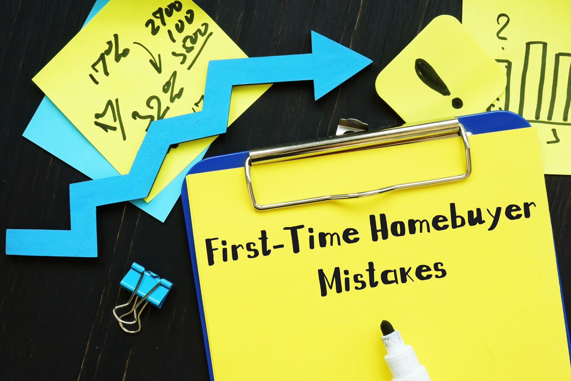 A clipboard with the words first time homebuyer mistakes written on it