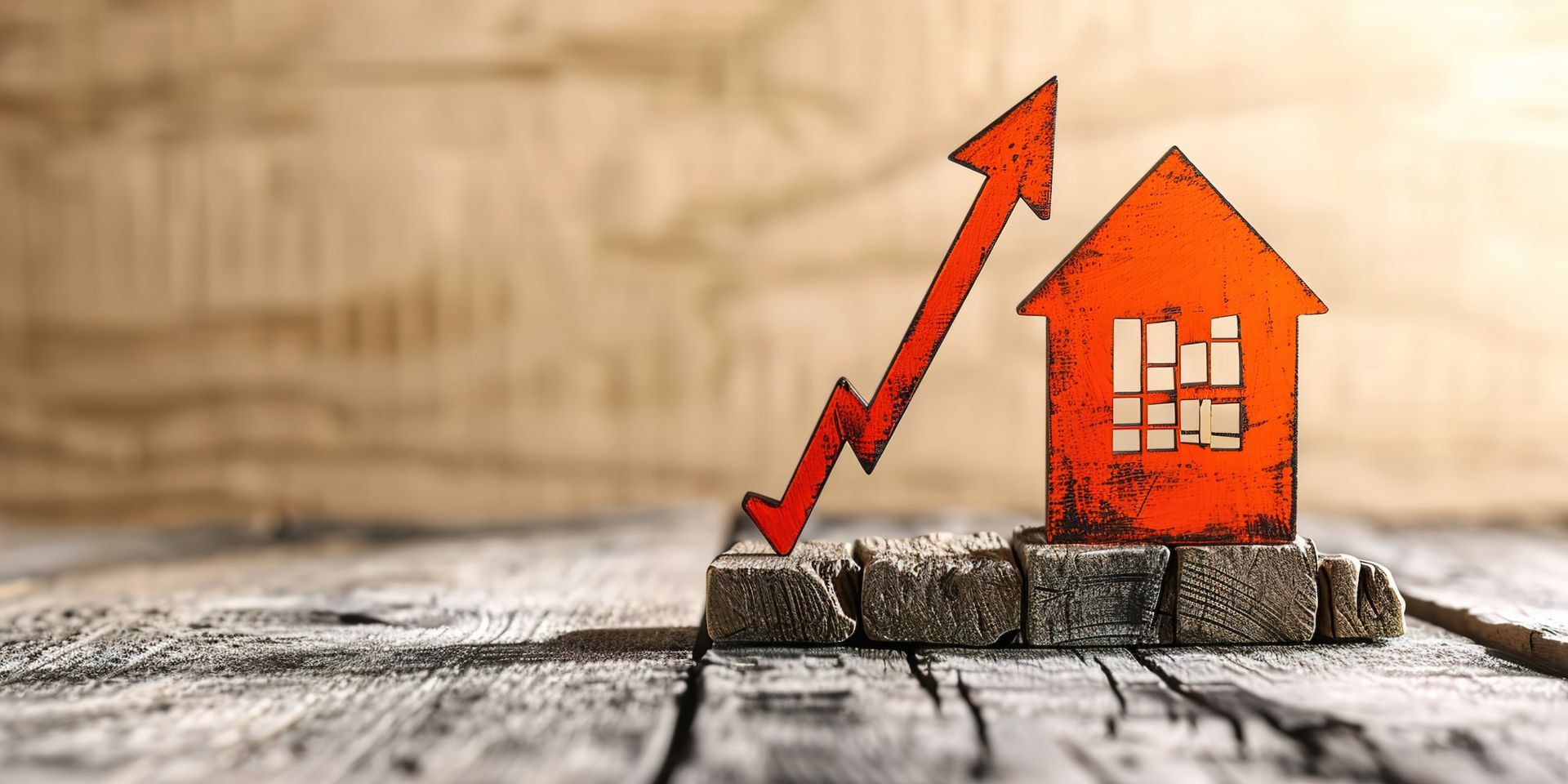 depiction of rising house costs with red arrow pointing upward next to a house