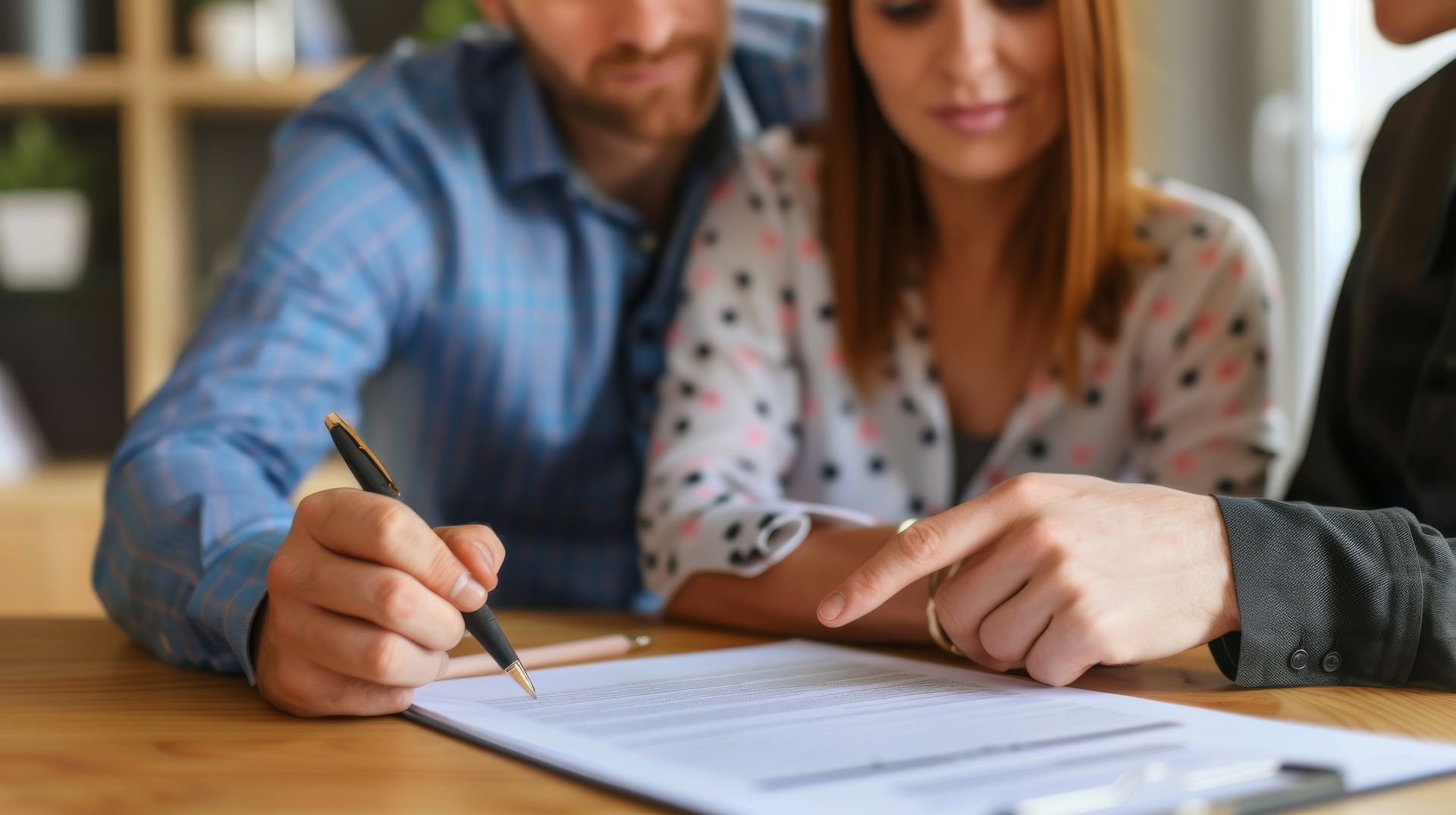 Couple working with a buyer's agent and signing a contract to buy a house