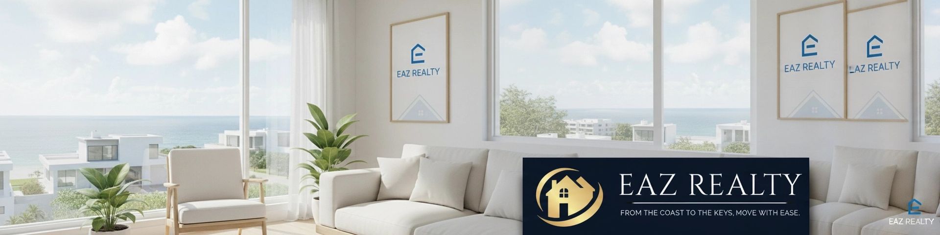 Living room interior with ocean view and Faz Realty logo.