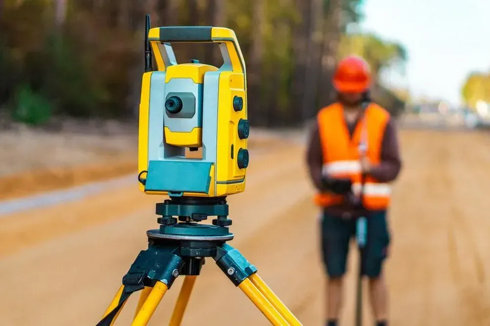 Yellow Surveying Equipment on a Tripod With a Construction Worker Measuring a Road — Boland Contracting In Wellington, NSW