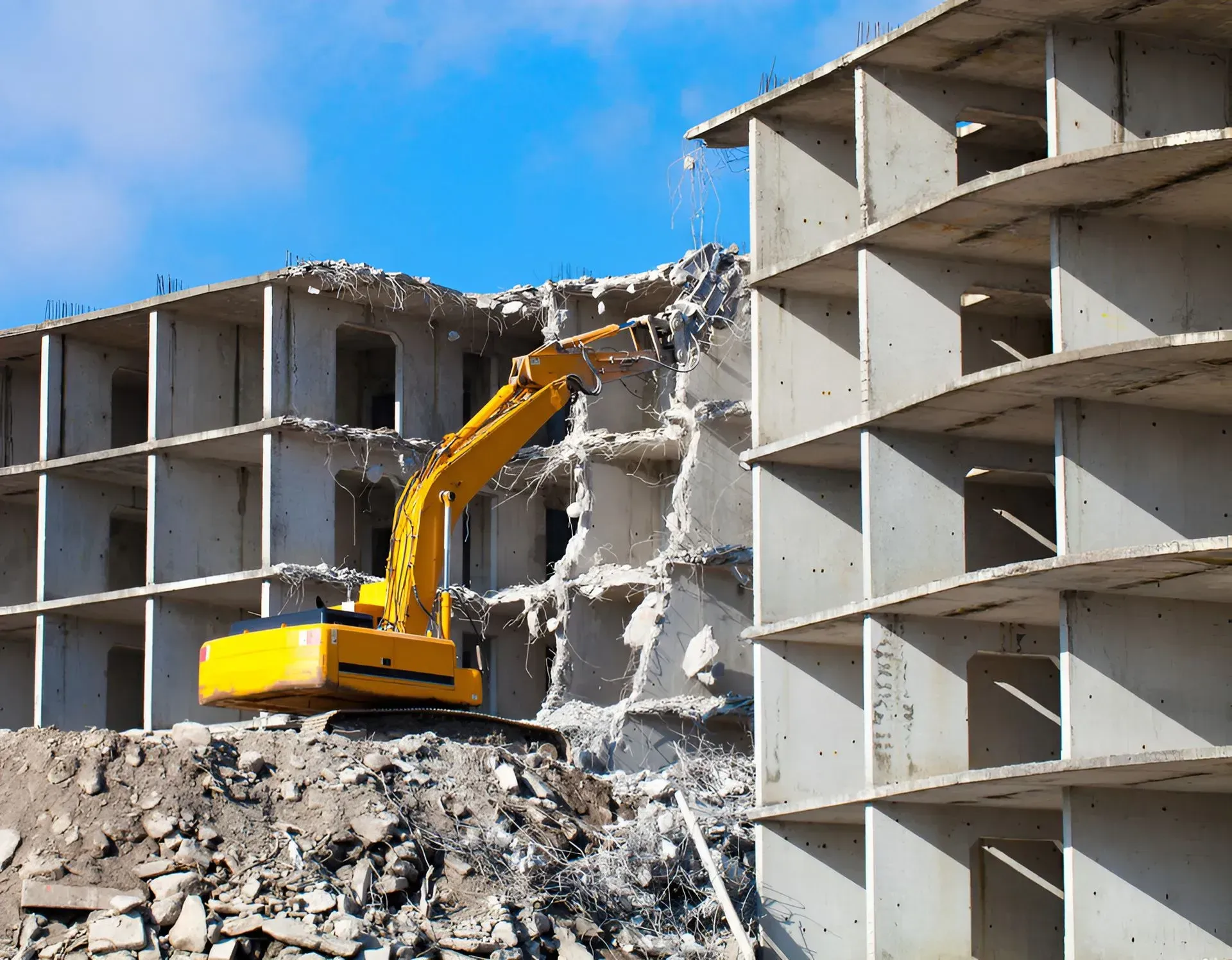 Yellow Excavator Demolishing a Concrete Building Against a Blue Sky — Boland Contracting In Wellington, NSW