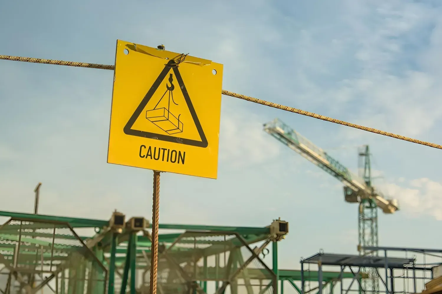 Yellow Caution Sign at a Construction Site Crane in Background — Boland Contracting In Wellington, NSW