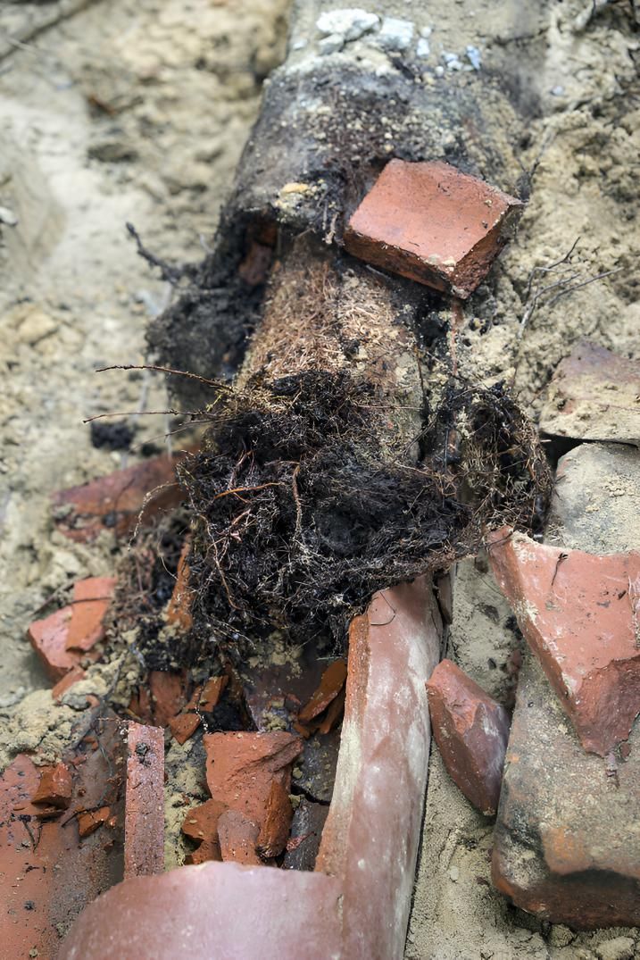 Broken Clay Pipe With Dark Debris and Brick Fragments in Dirt — Boland Contracting In Wellington, NSW