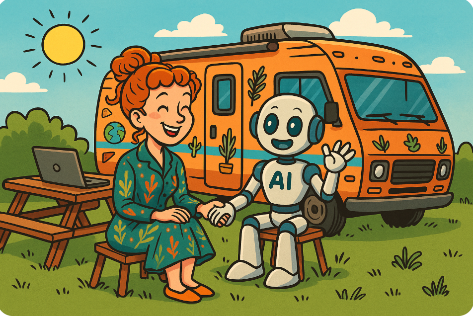 Redhead woman and friendly AI robot outside RV — mobile entrepreneur using AI for digital marketing