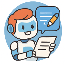 AI content creation — cheerful robot holding blog content and writing tools