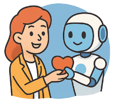Woman giving heart to robot — building trust between humans and AI in digital marketing