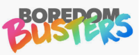 A colorful logo for boredom busters on a white background