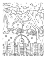 A black and white drawing of a tree with a swing hanging from it