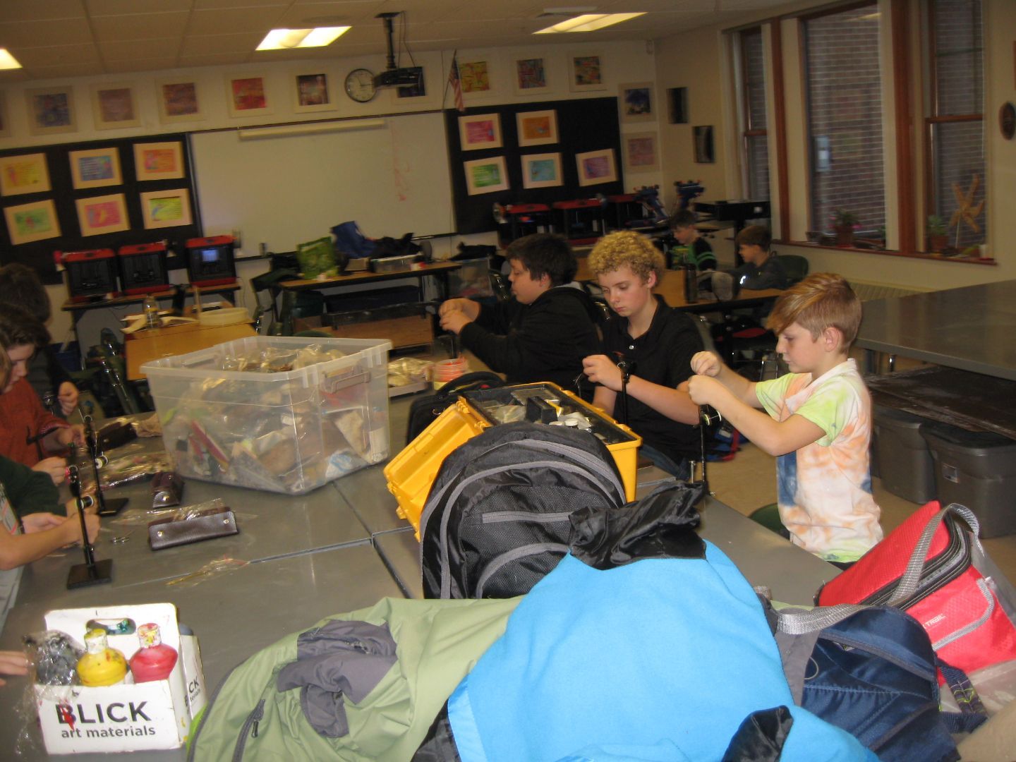 A classroom with a box that says blick on it