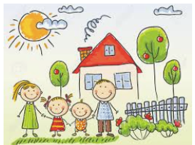 A drawing of a family standing in front of a house holding hands.