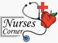 A nurses corner logo with an apple , stethoscope , and cross.