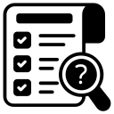 A black and white icon of a checklist with a magnifying glass and a question mark.