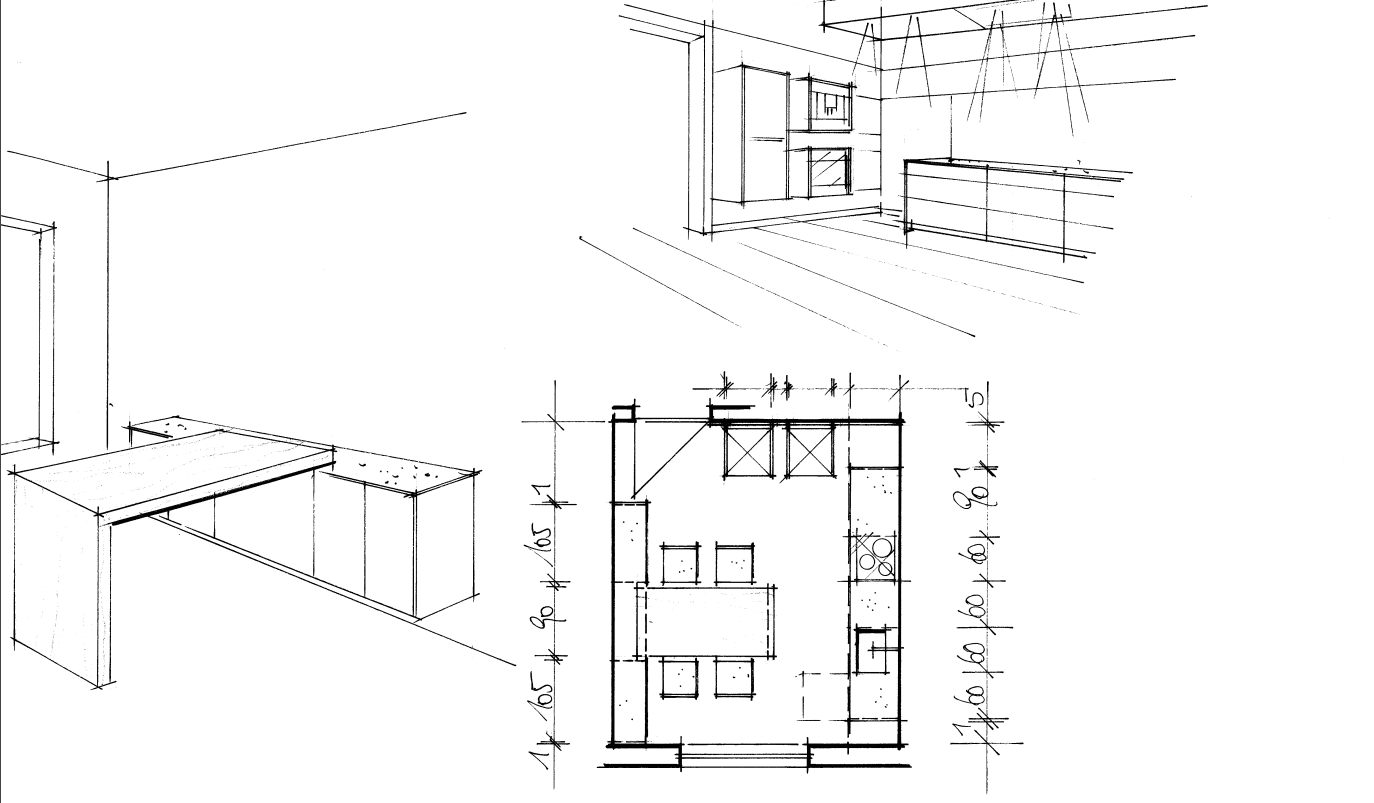 Eine Schwarz-Weiß-Zeichnung eines Tisches und ein Grundriss eines Raumes.