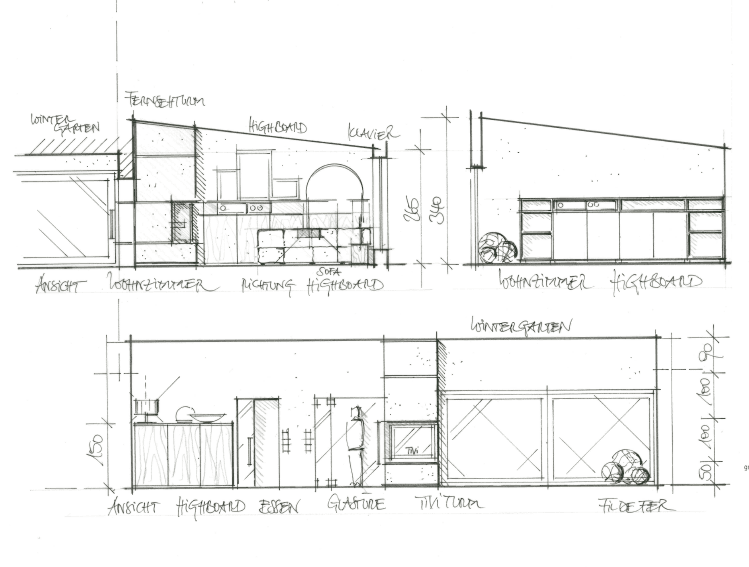 Eine Schwarzweißzeichnung einer Küche und einer Garage.