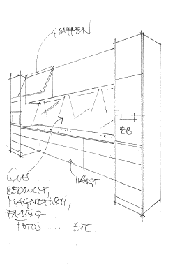 Eine Schwarzweißzeichnung einer Küche mit viel Schrift darauf.