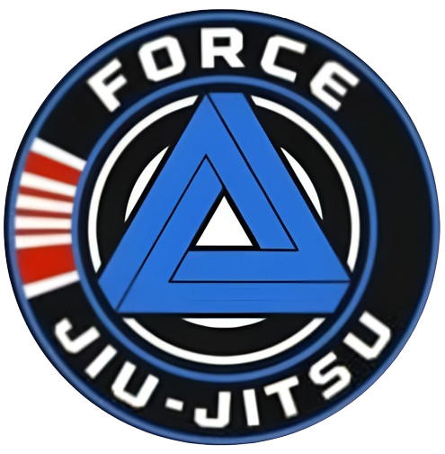 Force Jiu-Jitsu logo: Blue and white impossible triangle, in a circle with 