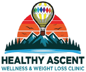 Logo for Healthy Ascent Wellness & Weight Loss Clinic featuring a hot air balloon over mountains, trees, and water.