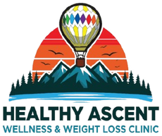 Logo for Healthy Ascent Wellness & Weight Loss Clinic featuring a hot air balloon over mountains, trees, and water.
