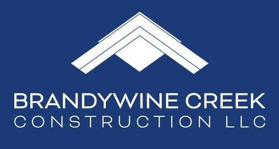 Logo for Brandywine Creek Construction LLC: white geometric roof design over company name on a blue background.