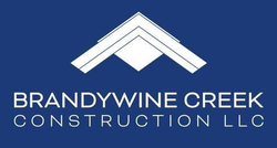 Logo for Brandywine Creek Construction LLC: white geometric roof design over company name on a blue background.