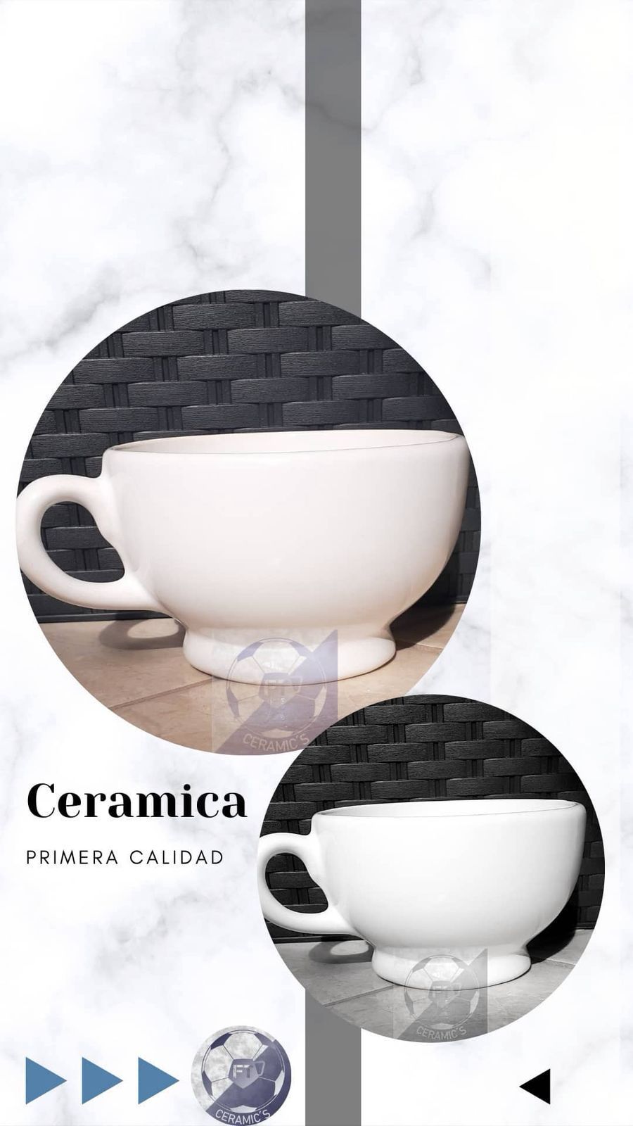 Mano sosteniendo una pequeña taza de té blanca con un cuenco y un asa redondeados.