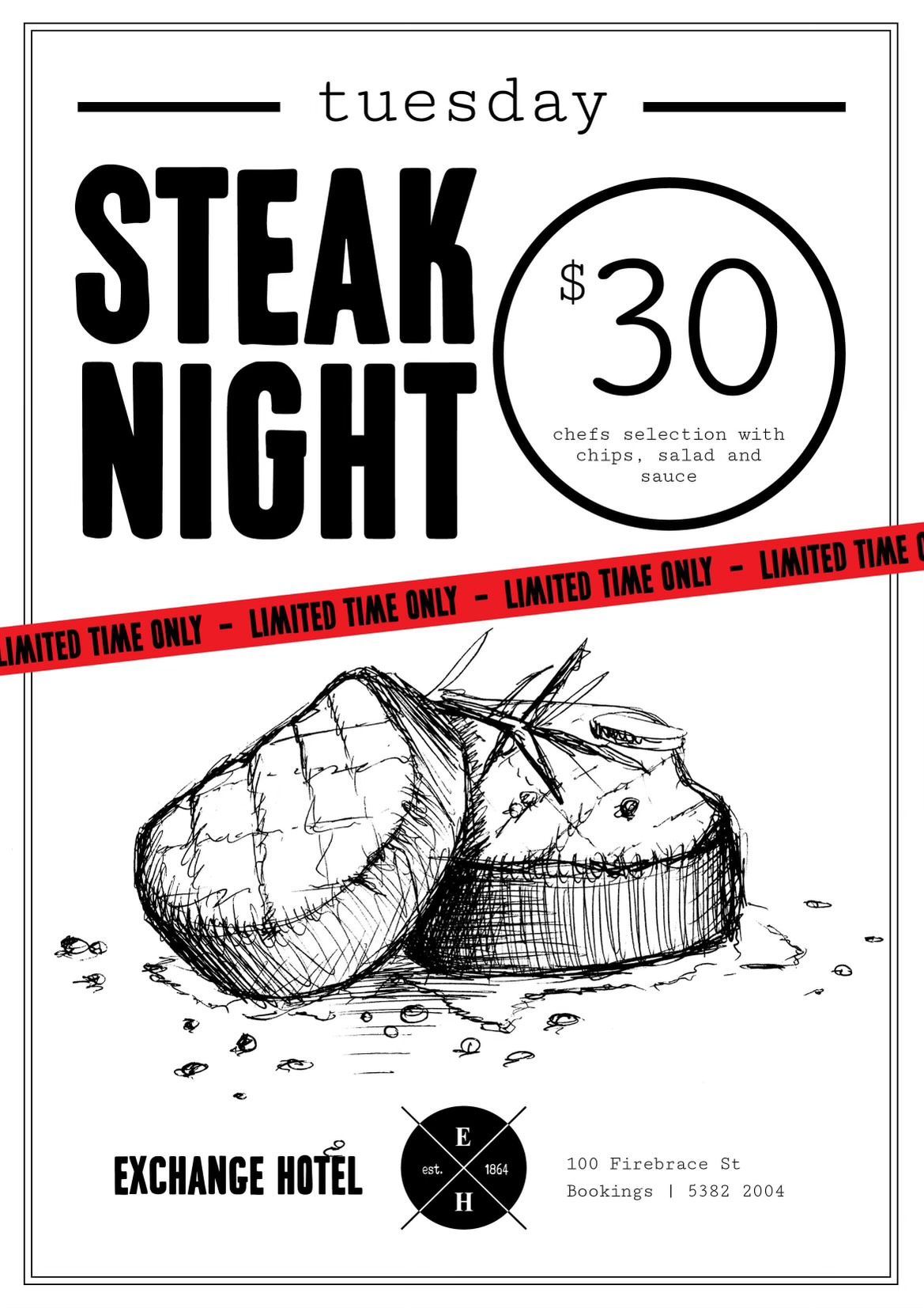 A poster for a steak night with a drawing of a steak on it.