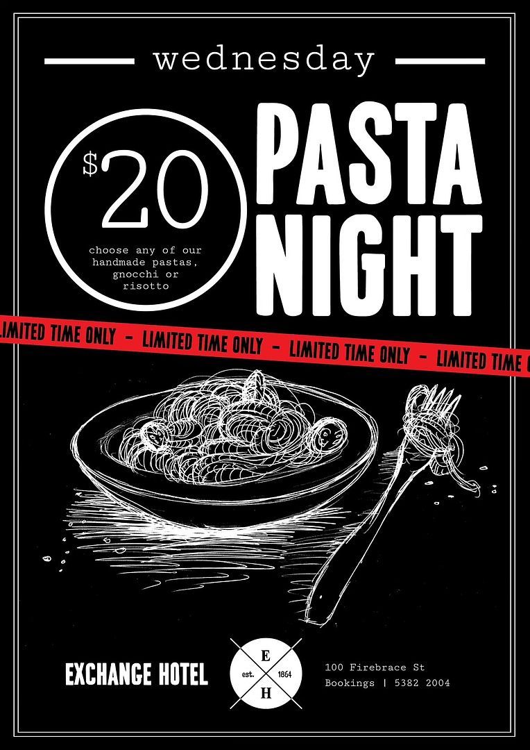 A black and white poster for a wednesday pasta night