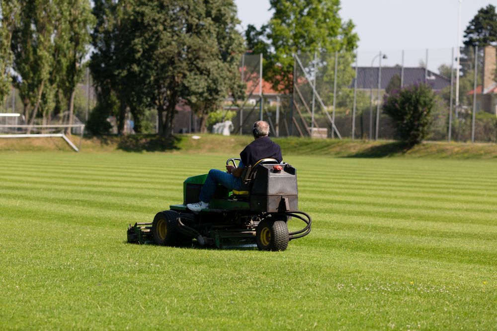 Man on A Riding Lawn Mower Cutting Grass in A Field, Creating Neat Stripes — Mullum Property Services in Mullumbimby, NSW