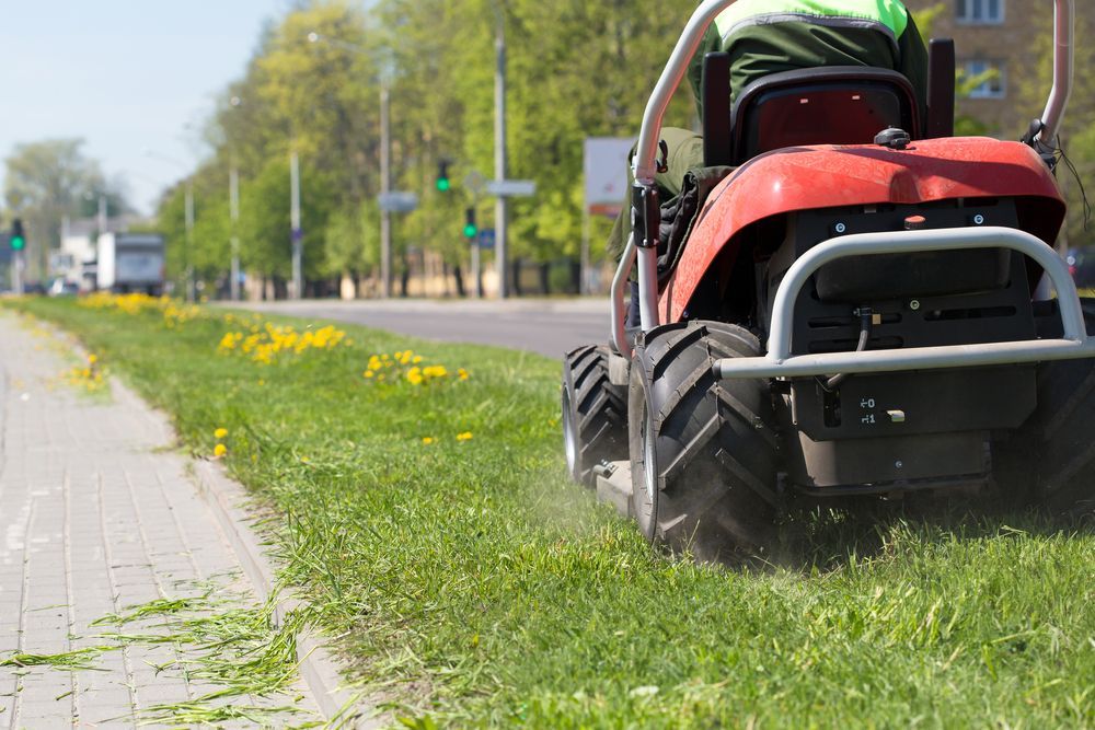 Red Mower Cutting Grass Along a Sidewalk Next to A Street with Green Trees — Mullum Property Services in Kingscliff, NSW