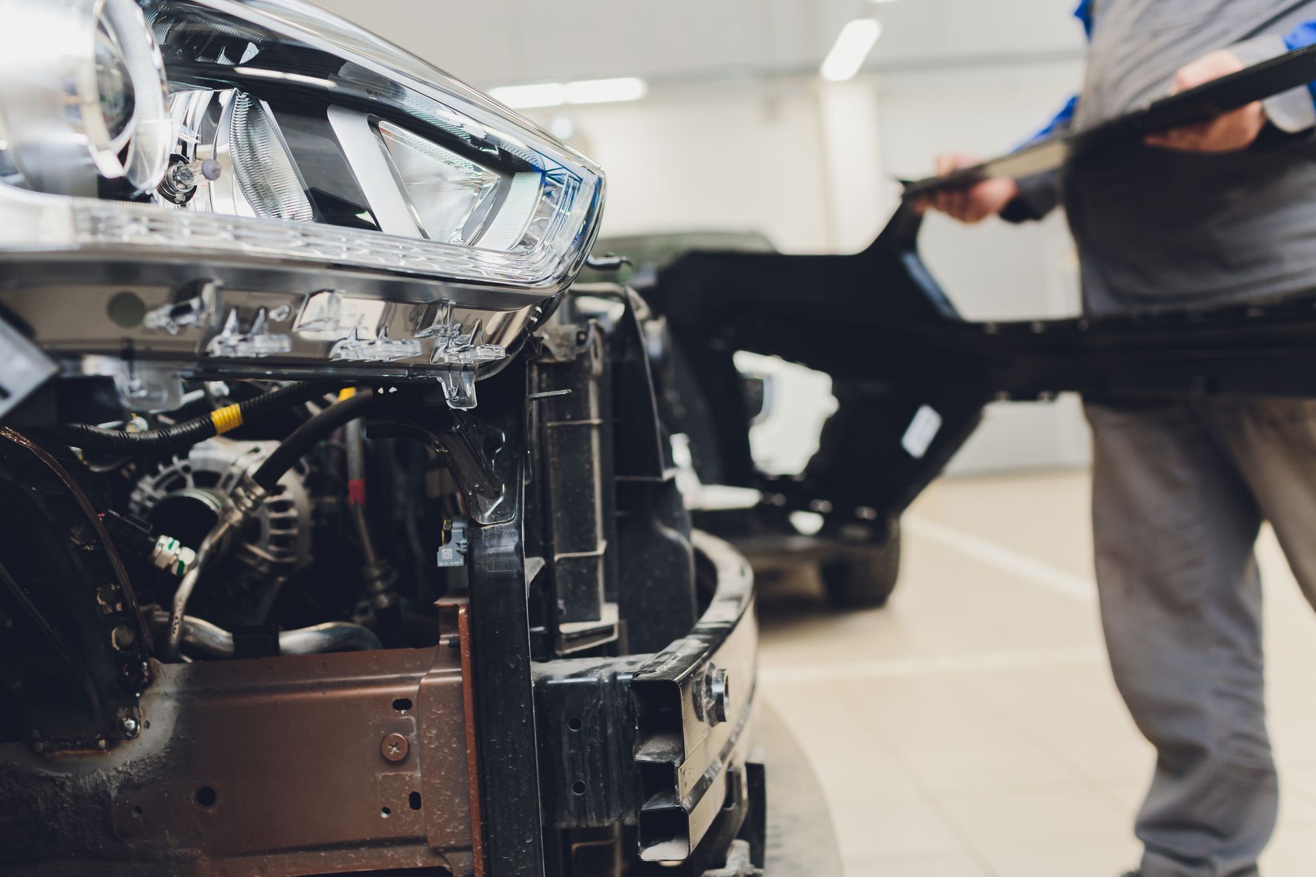 A man is working on the front of a car in a garage.