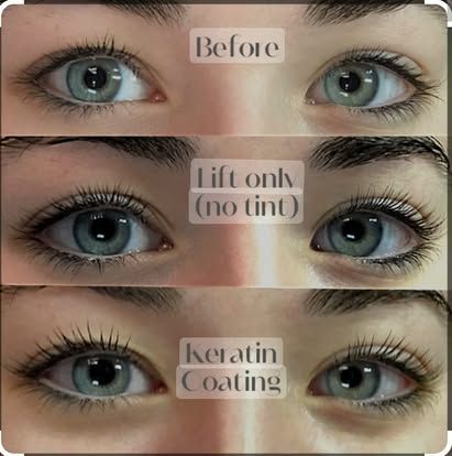 Comparison of eyes: before, lift only, and keratin coating, showing increased lash curl and definition.