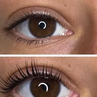 Comparison of a brown eye with natural lashes above and curled, darkened lashes below.