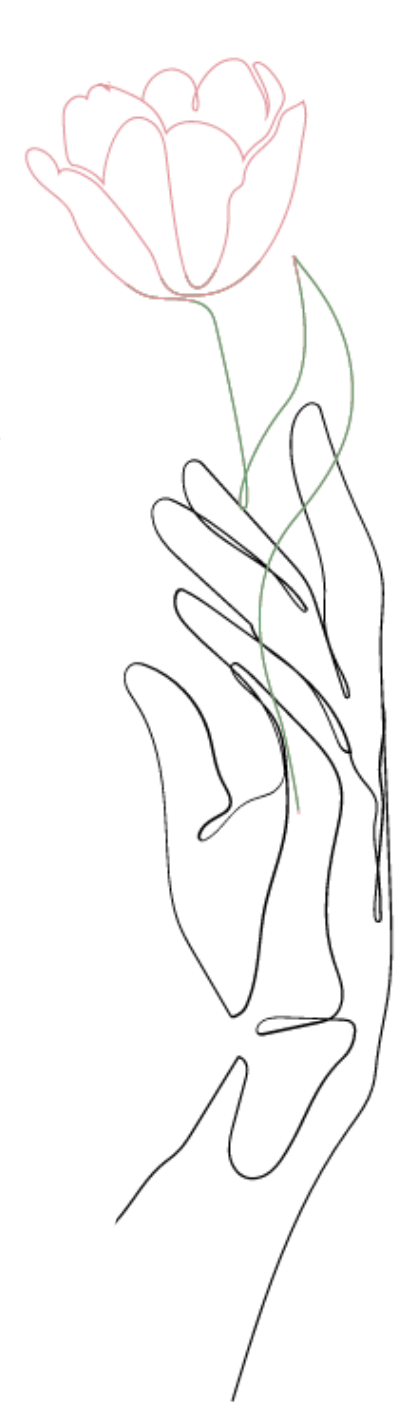 Delicate hand holding a flower, drawn with thin lines, light pink petals.